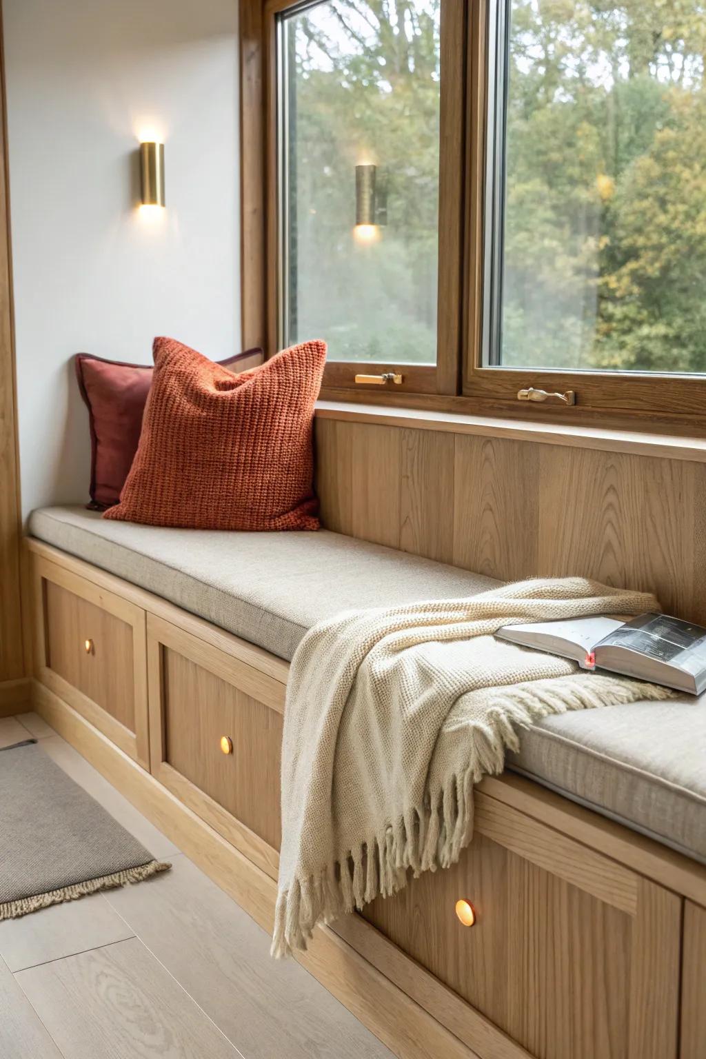 Built-in side panels with warm reading lights turn a window seat into the coziest nightly nook.