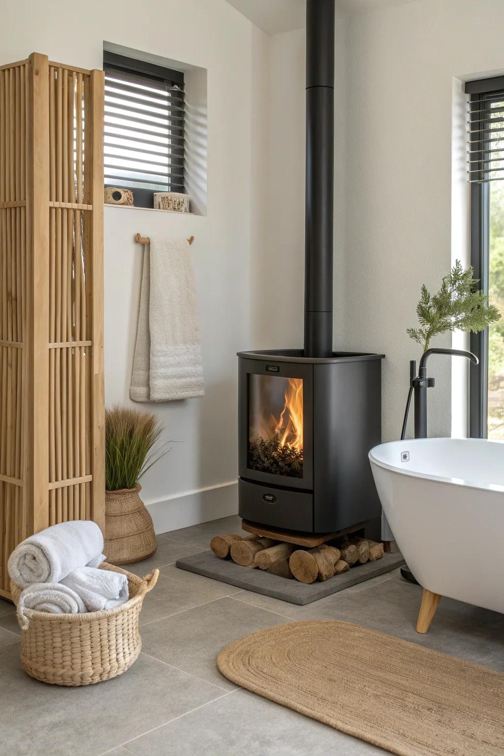 Spa-modern bathroom fireplace with a slim oak slat screen for warmth, privacy, and calm.