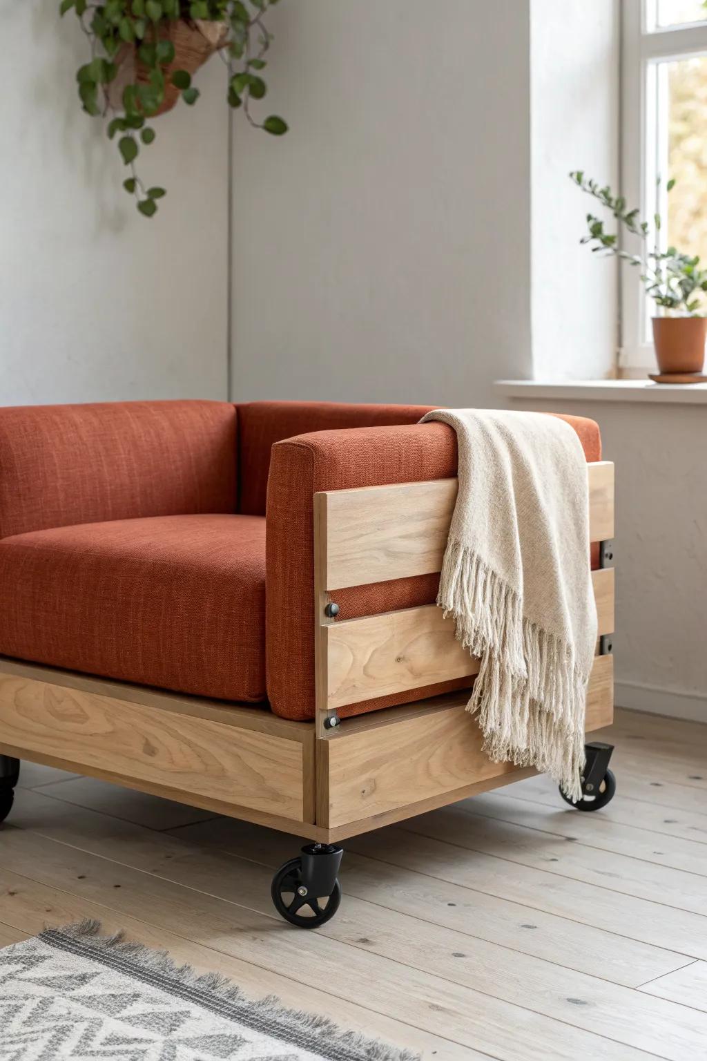 Roll, lock, relax: a modular sofa seat with sturdy wood frame and sleek locking casters.