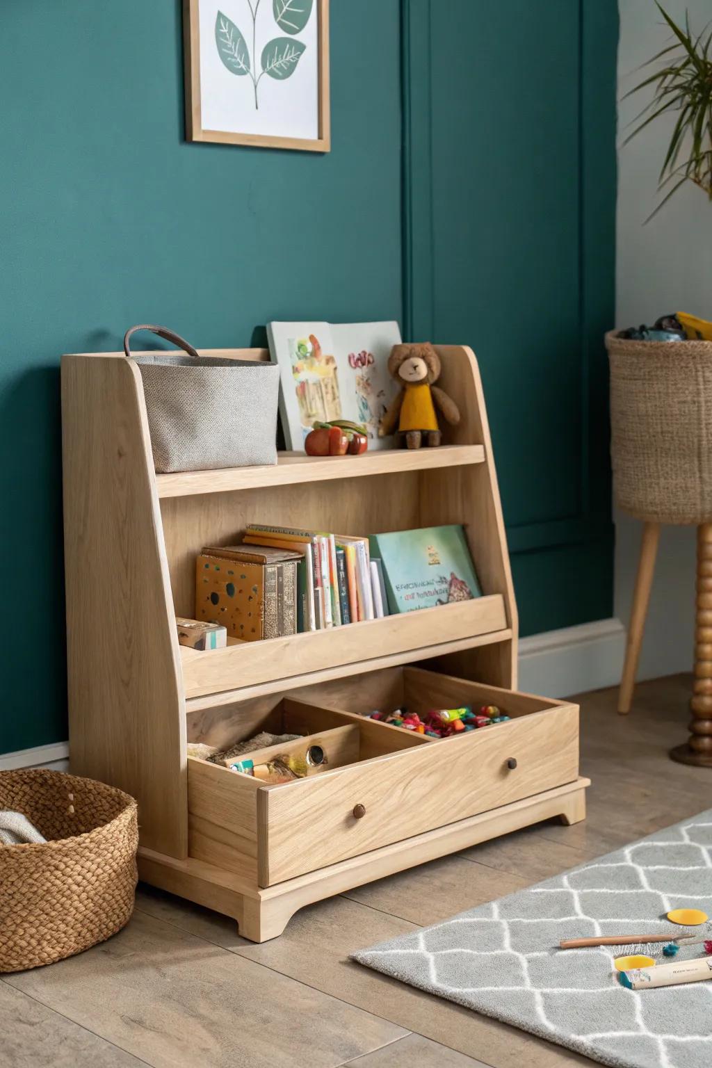 Hidden rotation drawer Montessori shelf: child-led display on top, grown-up storage tucked below.