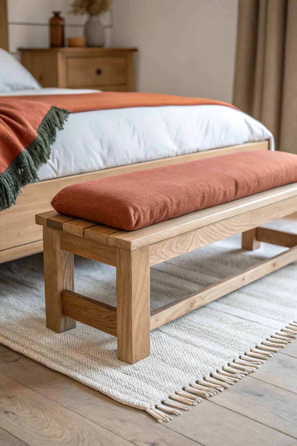 Chunky timber bench + terracotta cushion—simple mountain-luxe style at the foot of the bed.