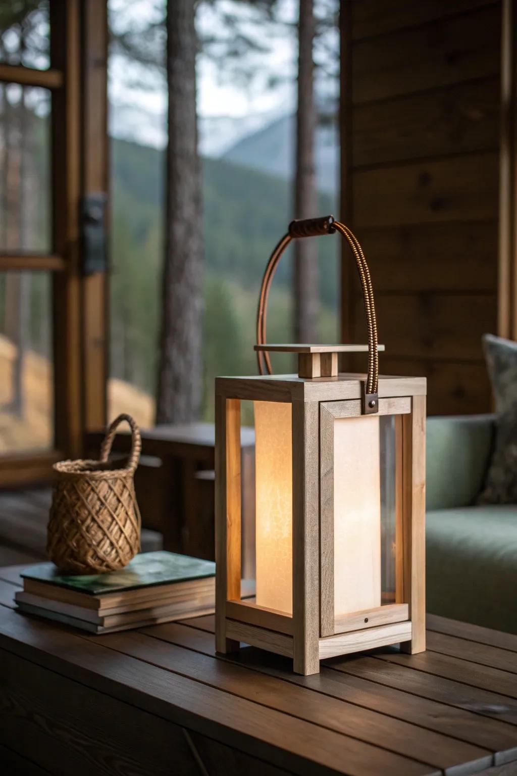 Warm lantern glow turns a mountain cabin corner cozy—layer low lights for instant ambiance.