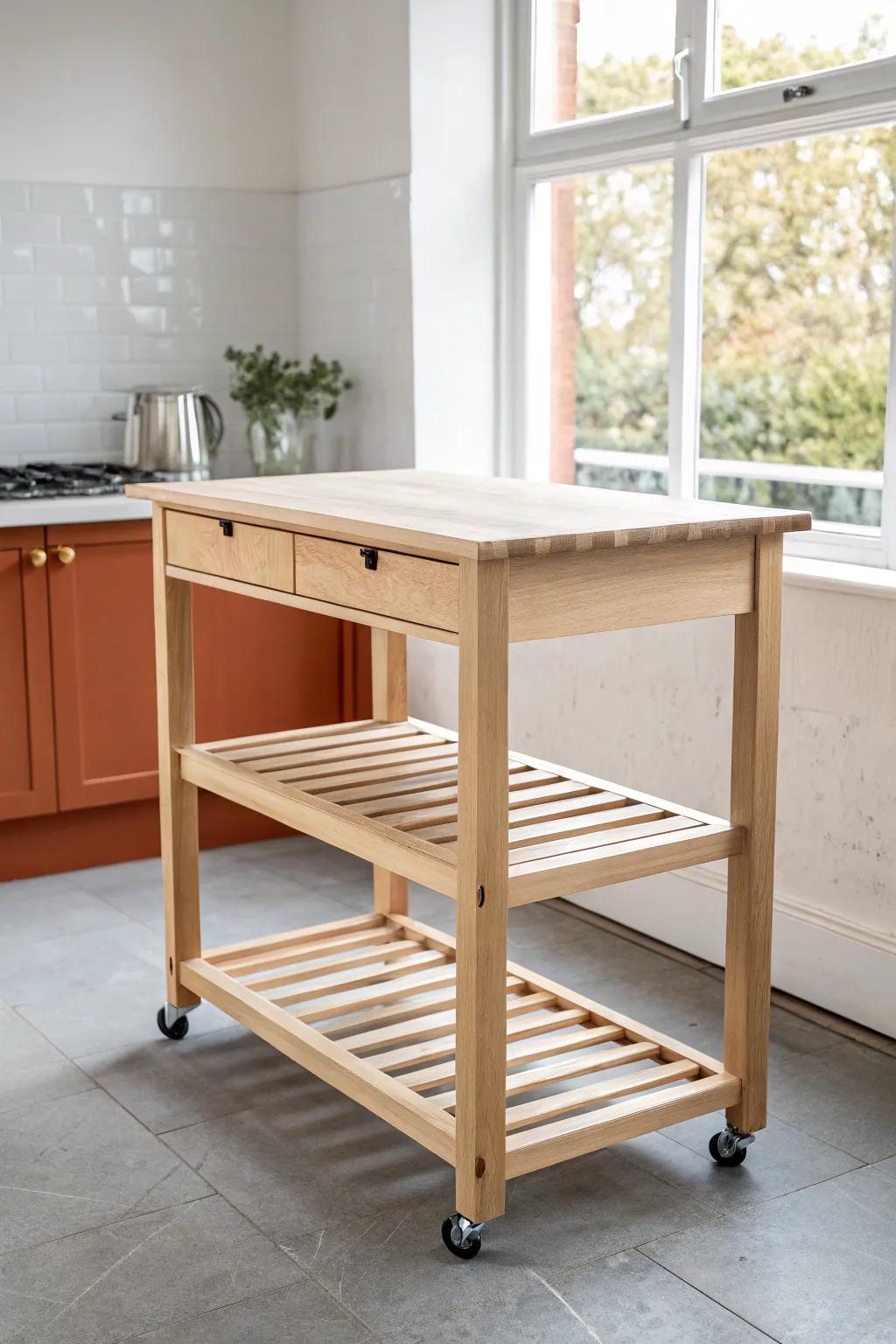 Lightweight slat island on casters—handmade wood beauty that rolls away for effortless cleaning.