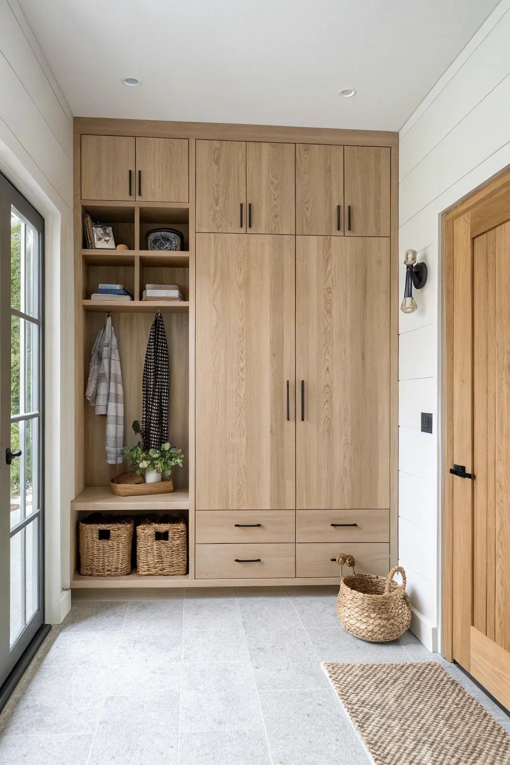 A cabinet door that’s actually a hidden closet—seamless panels, bold interior contrast, total wow.