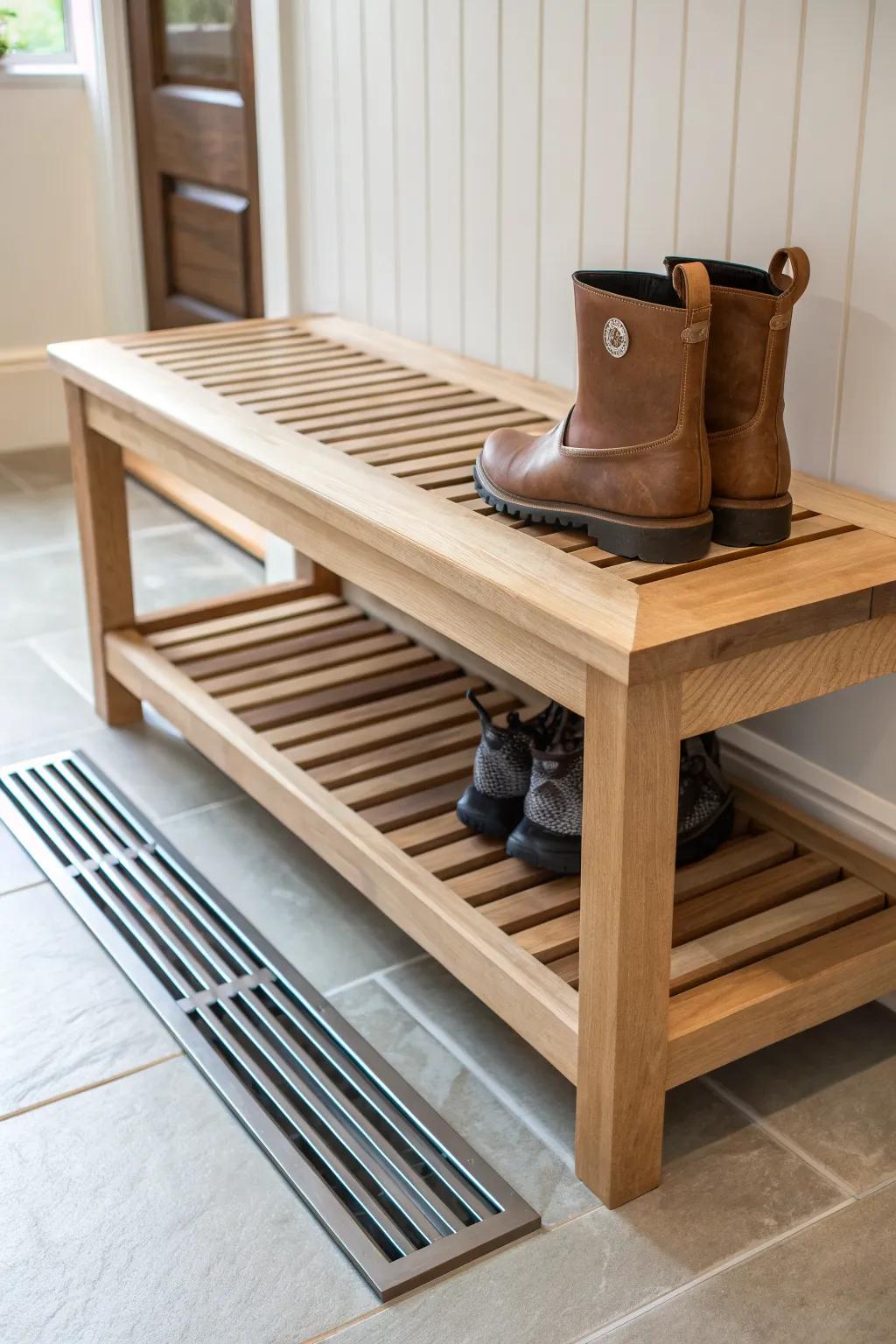 Light oak boot-drying bench with hidden warm-air vent—minimal, crafted, and rain-ready.