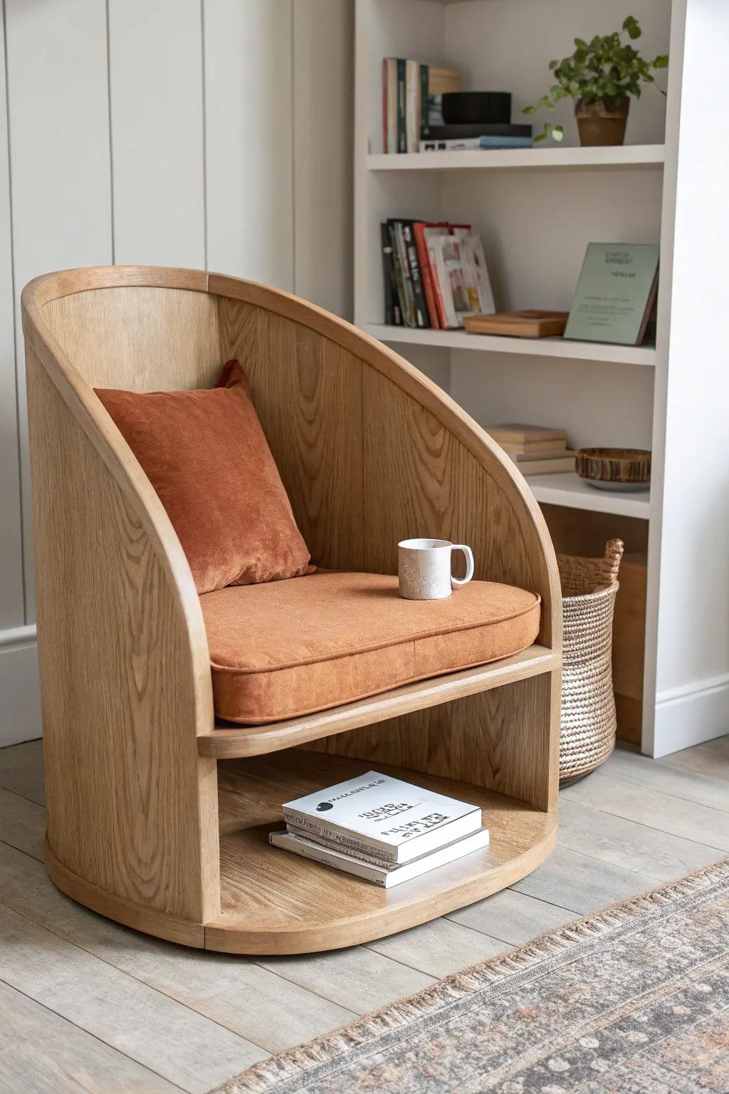 Curved oak bookcase chair that turns one corner into a cozy mini library—seat + storage.
