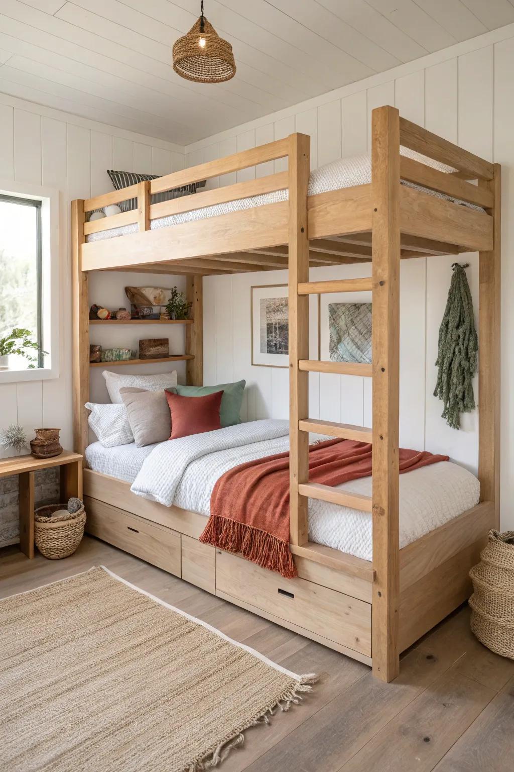 Offset bunks with chunky posts and built-in ledges—more elbow room, more style.