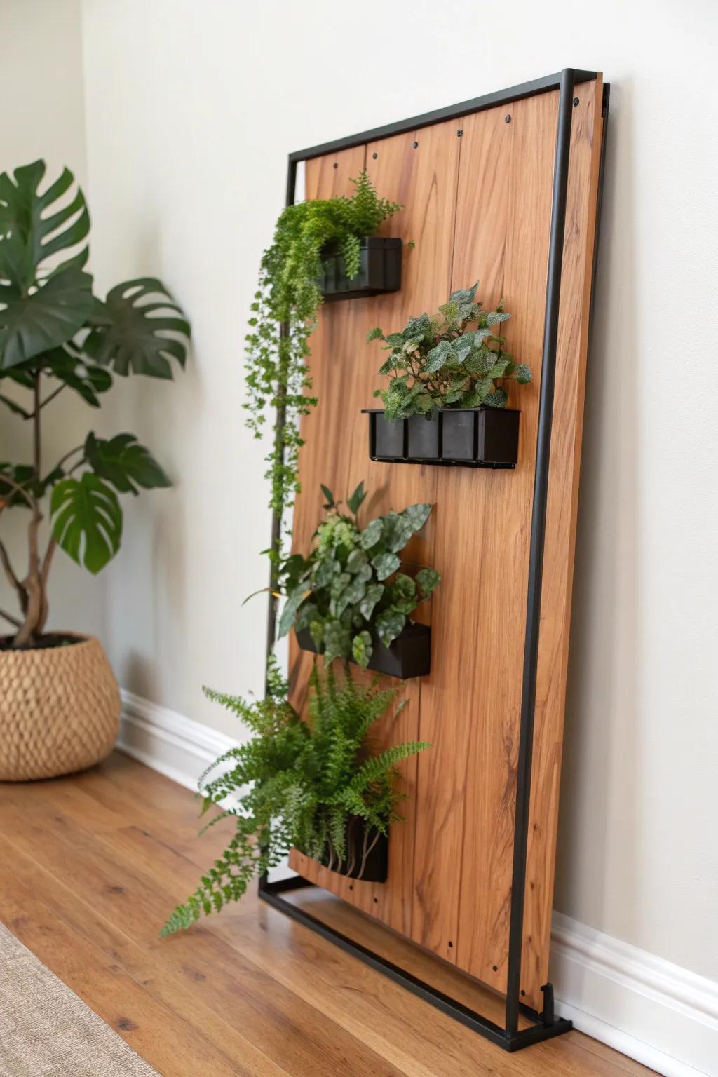 Cedar + cascading greens: a mini living wall that brings natural decor to life with bold contrast.