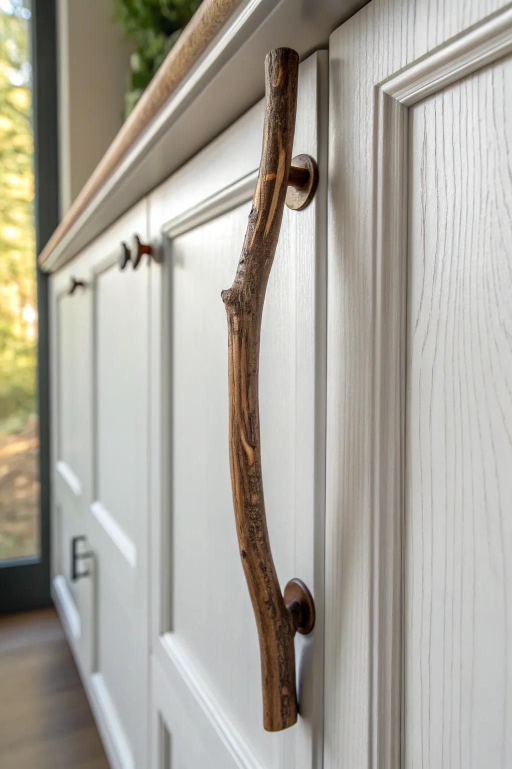 Hand-carved branch cabinet pull—tiny detail, big natural charm for minimalist kitchens.