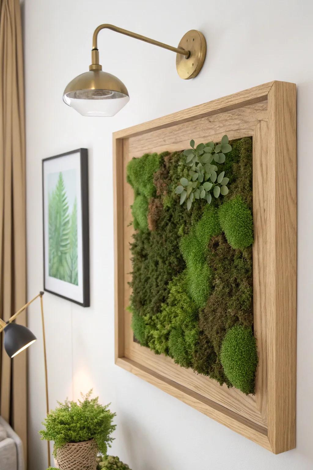 A living moss frame in pale oak—instant wow-wall texture and a bold green pop.
