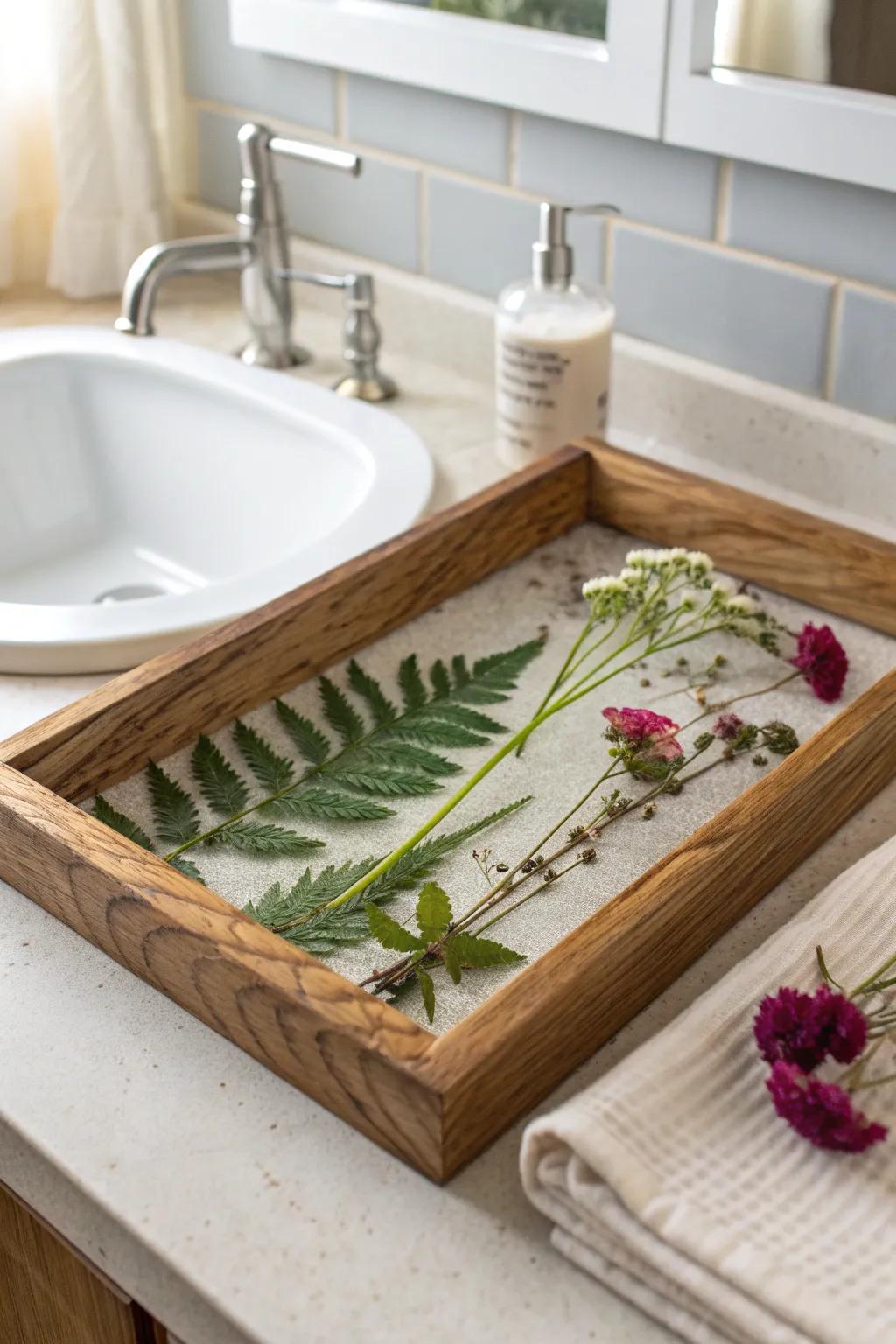 Pressed botanicals sealed in resin on a reclaimed wood tray—spa vibes with wipe‑clean beauty.