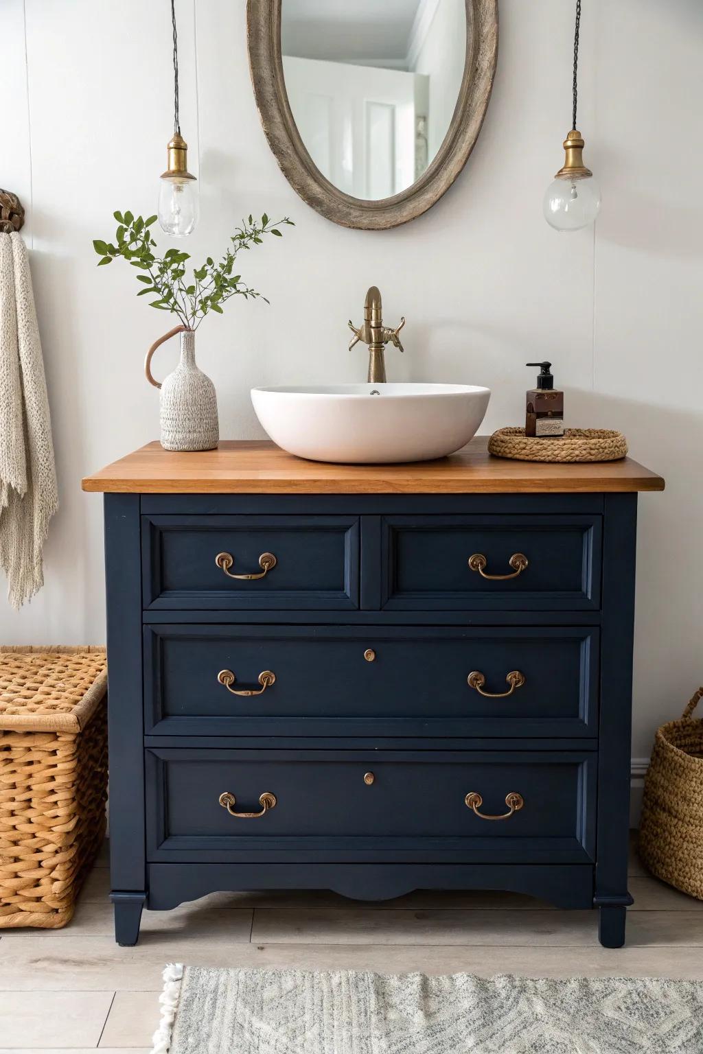 Vintage dresser upcycled into a bold navy vanity—real wood, brass accents, and clean Nordic calm.