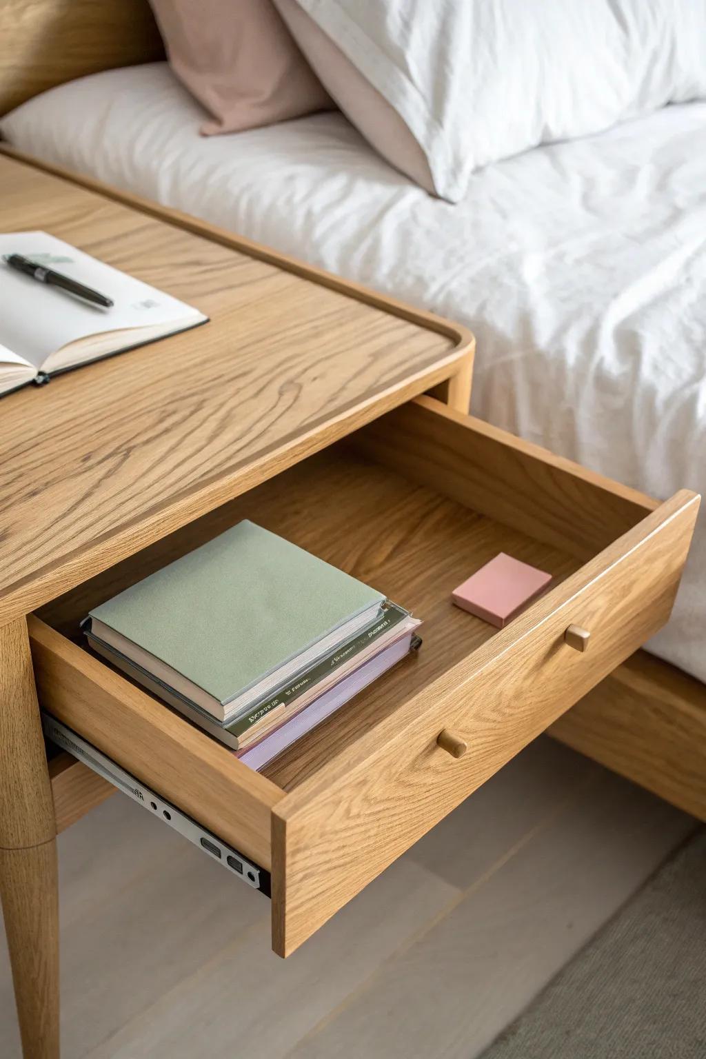 A hidden drawer slot keeps a tiny notebook and sticky notes tidy—no more paper clutter.