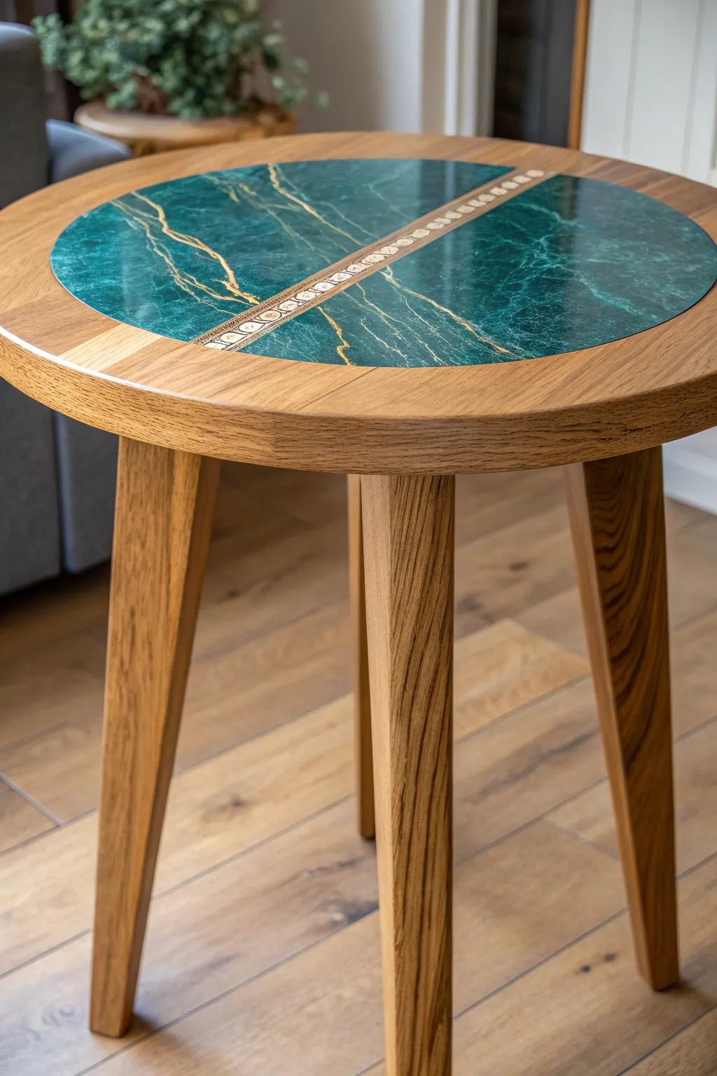 Oak nursery side table with teal resin inlay and a warm hidden glow for midnight feeds.
