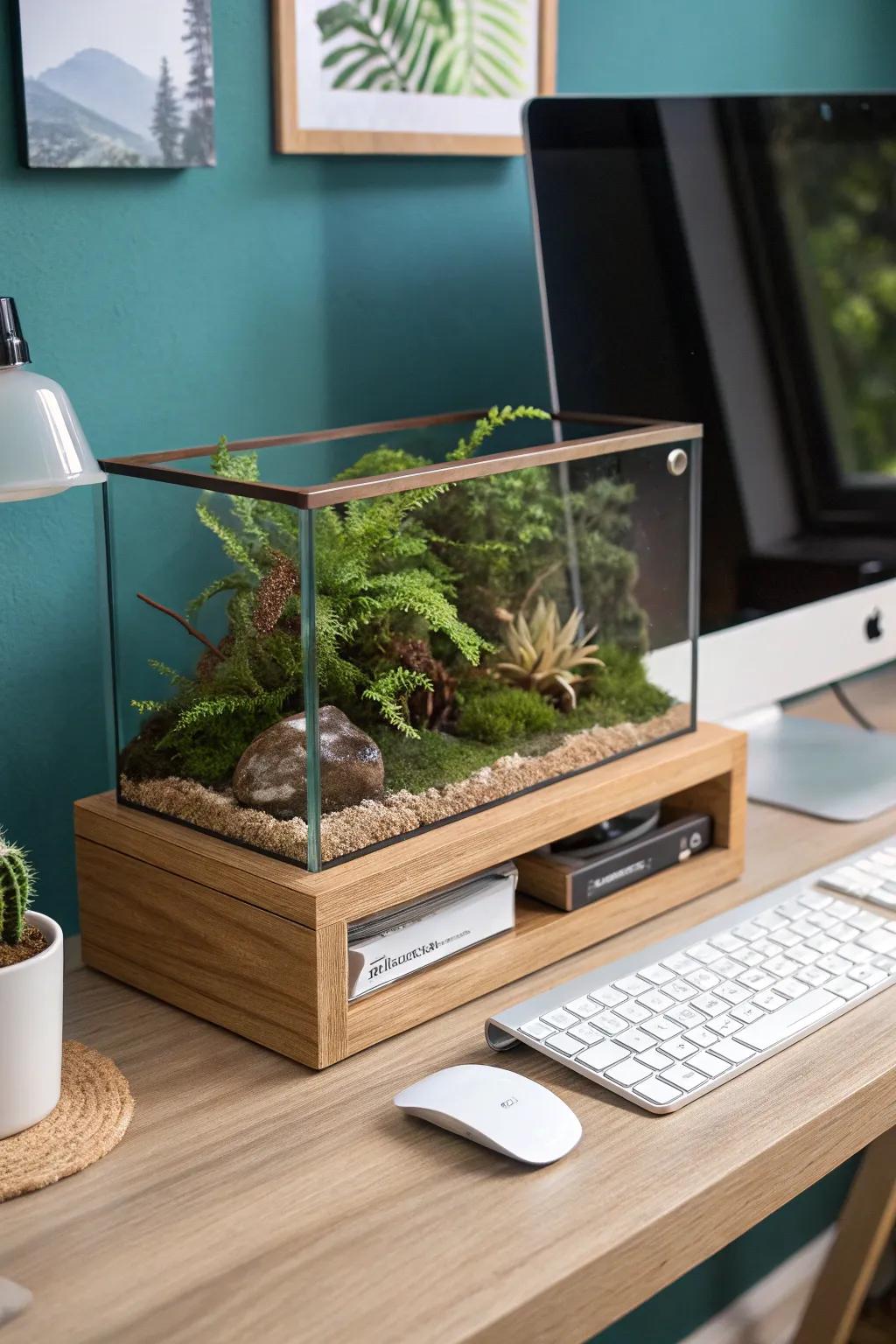 A desk riser with a hidden terrarium nook—your workspace’s tiny window into nature.