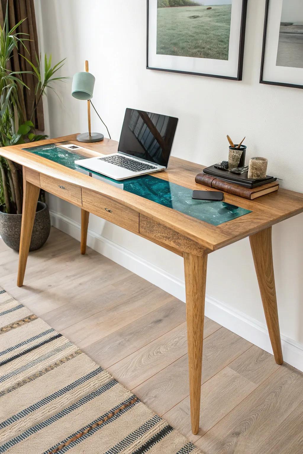 Light oak desk with a bold teal resin “river” that hides cables under a clear lift-top.