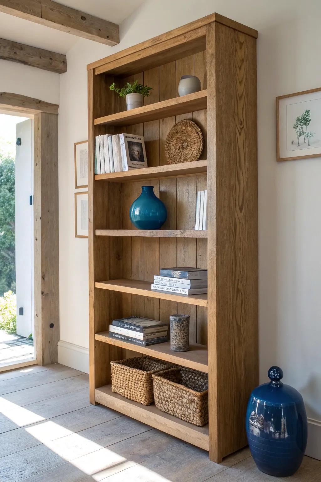 Library-style open wood shelving that turns a lobby wait into a curated, calm moment