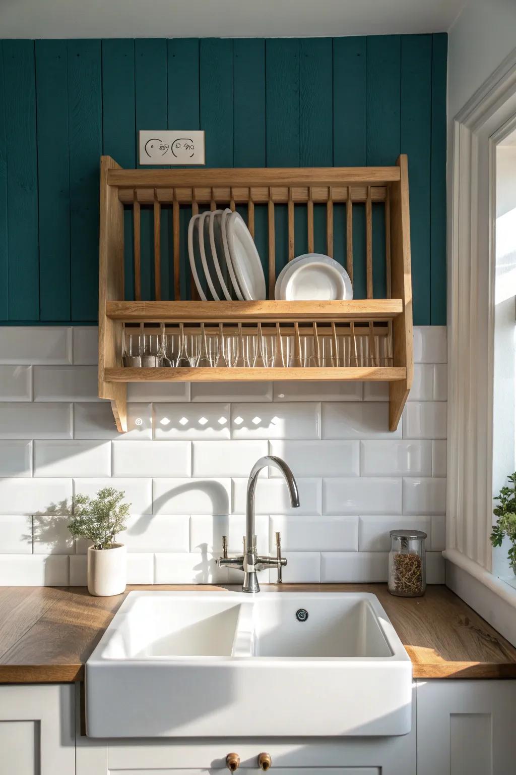 Old farmhouse charm: a built-in wooden drying rack above the sink, saving counter space.
