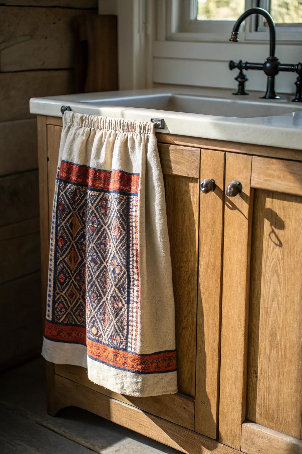 Old-world kitchen charm: a tapestry-style sink skirt to soften wood and hide storage.