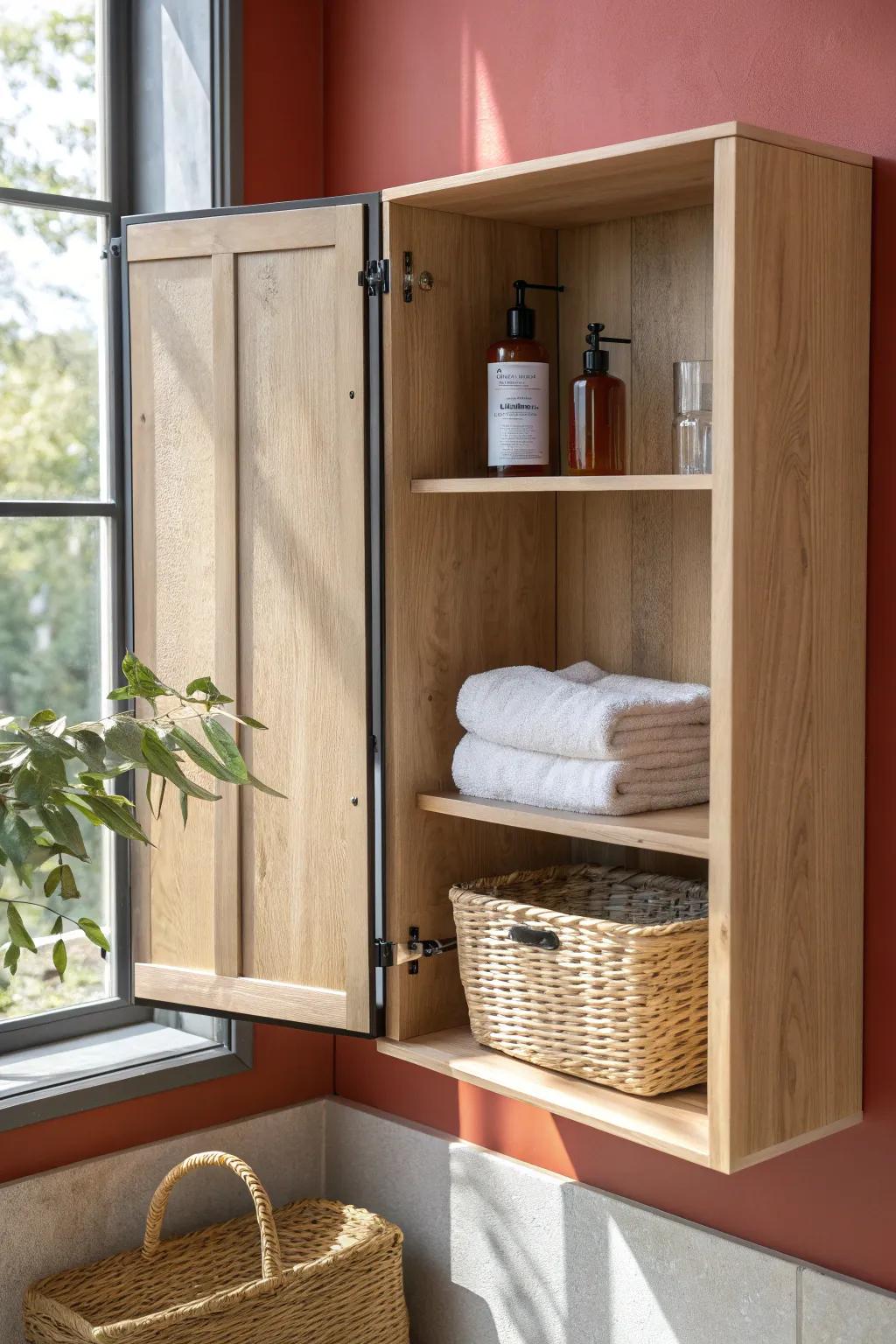 Open oak cabinet with towel-bar side rails—smart storage and spa-like Scandinavian style.