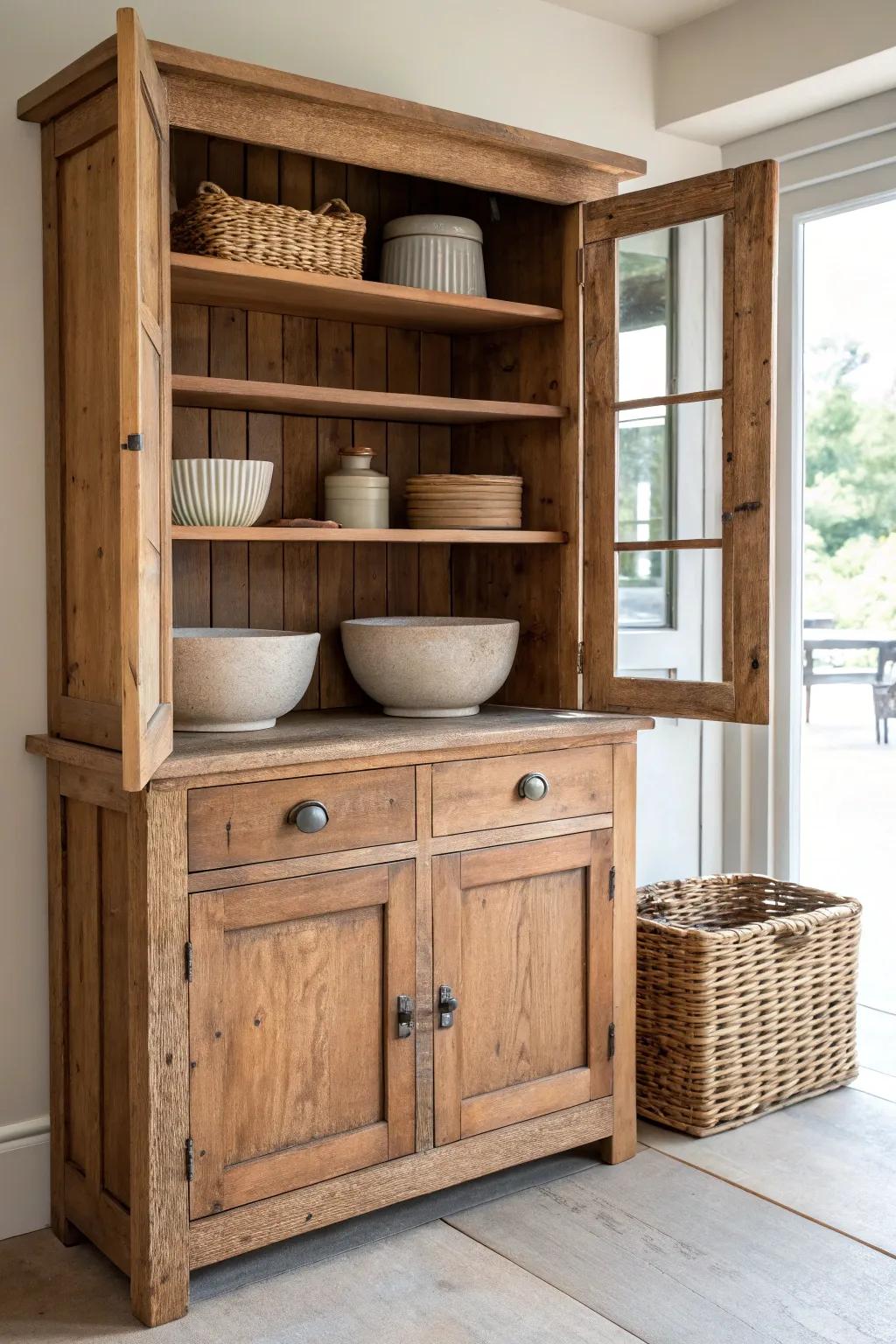 Salvaged hutch turned open kitchen cabinetry—reclaimed shelves, bold contrast, instant charm.