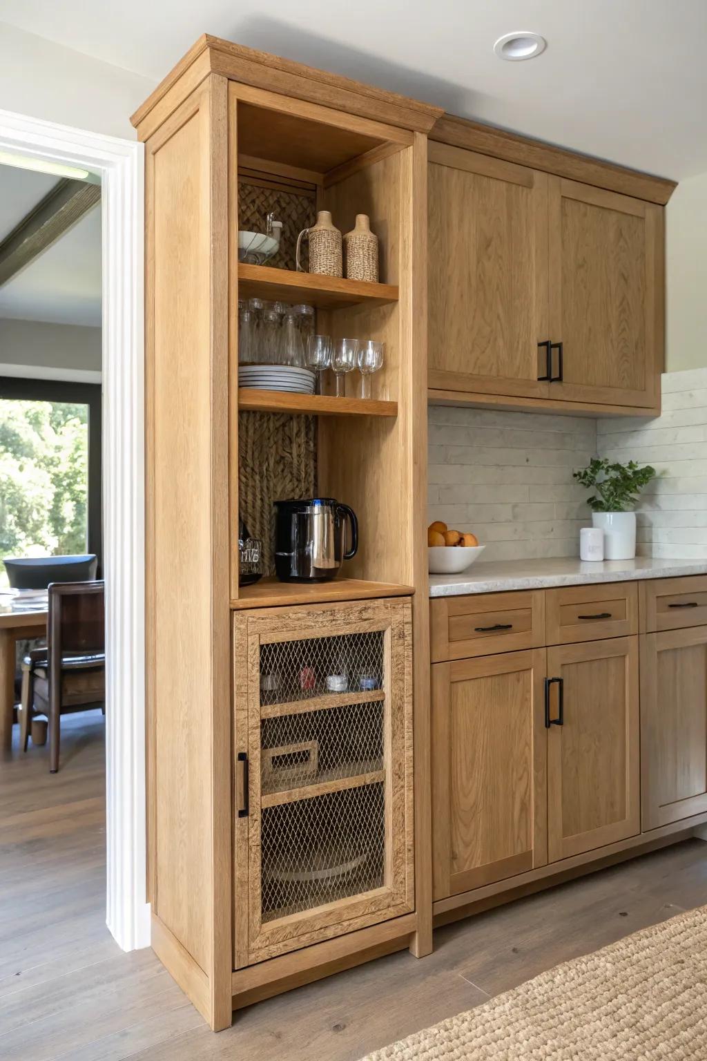 A slim oak beverage nook on the old wall line keeps the cook zone clear and hosting easy.