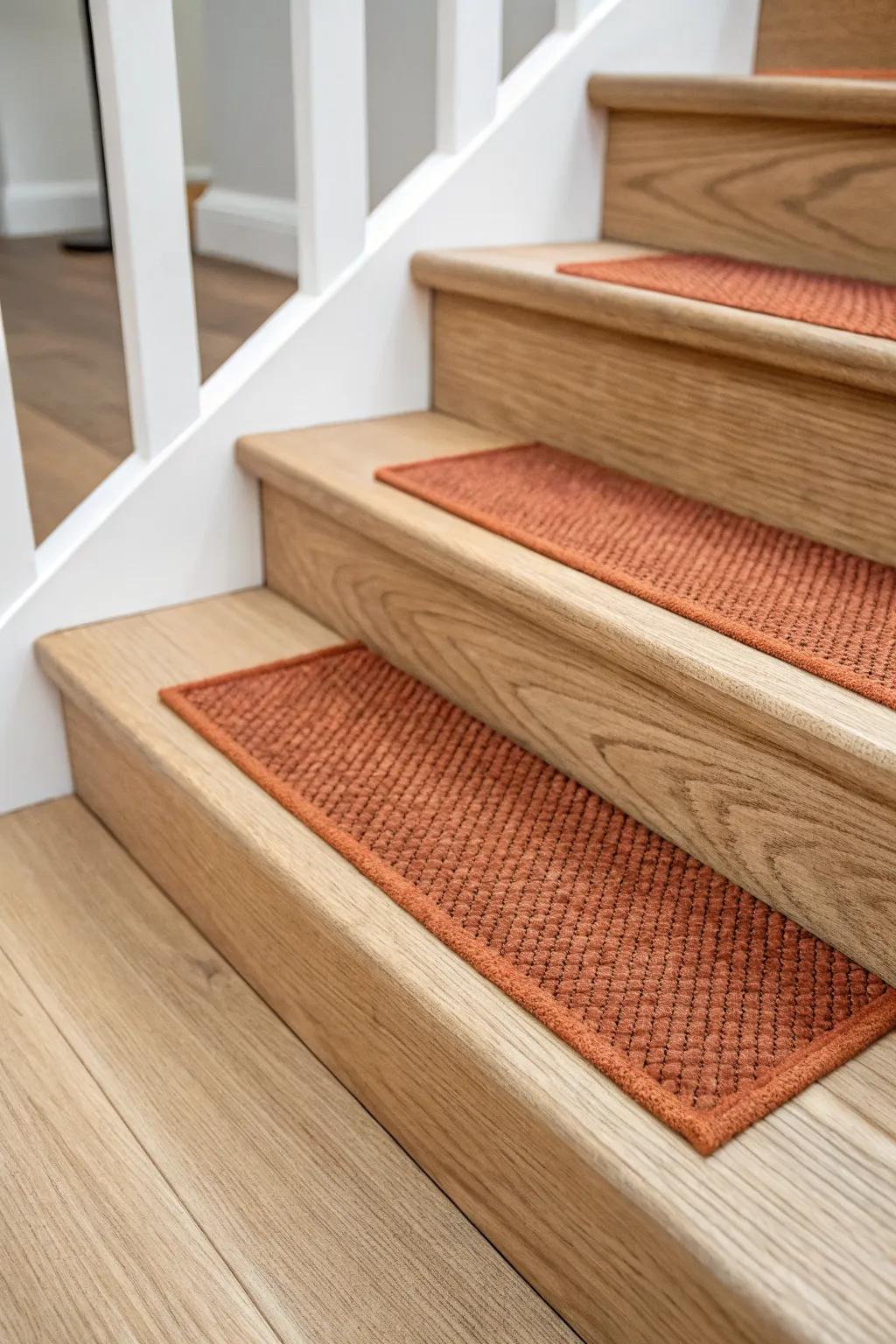 Flush-routed carpet inset: a clean, cozy grip for open treads with beautiful handmade precision.