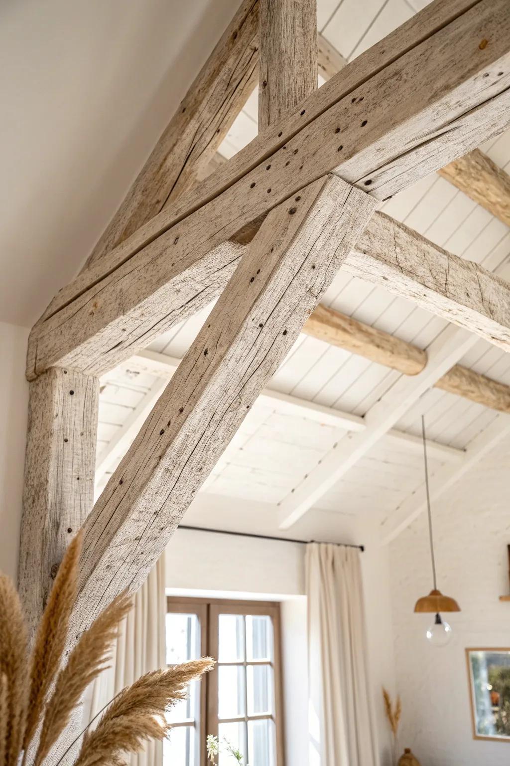 Whitewashed trusses: airy rustic texture with visible grain for a light, modern ceiling.