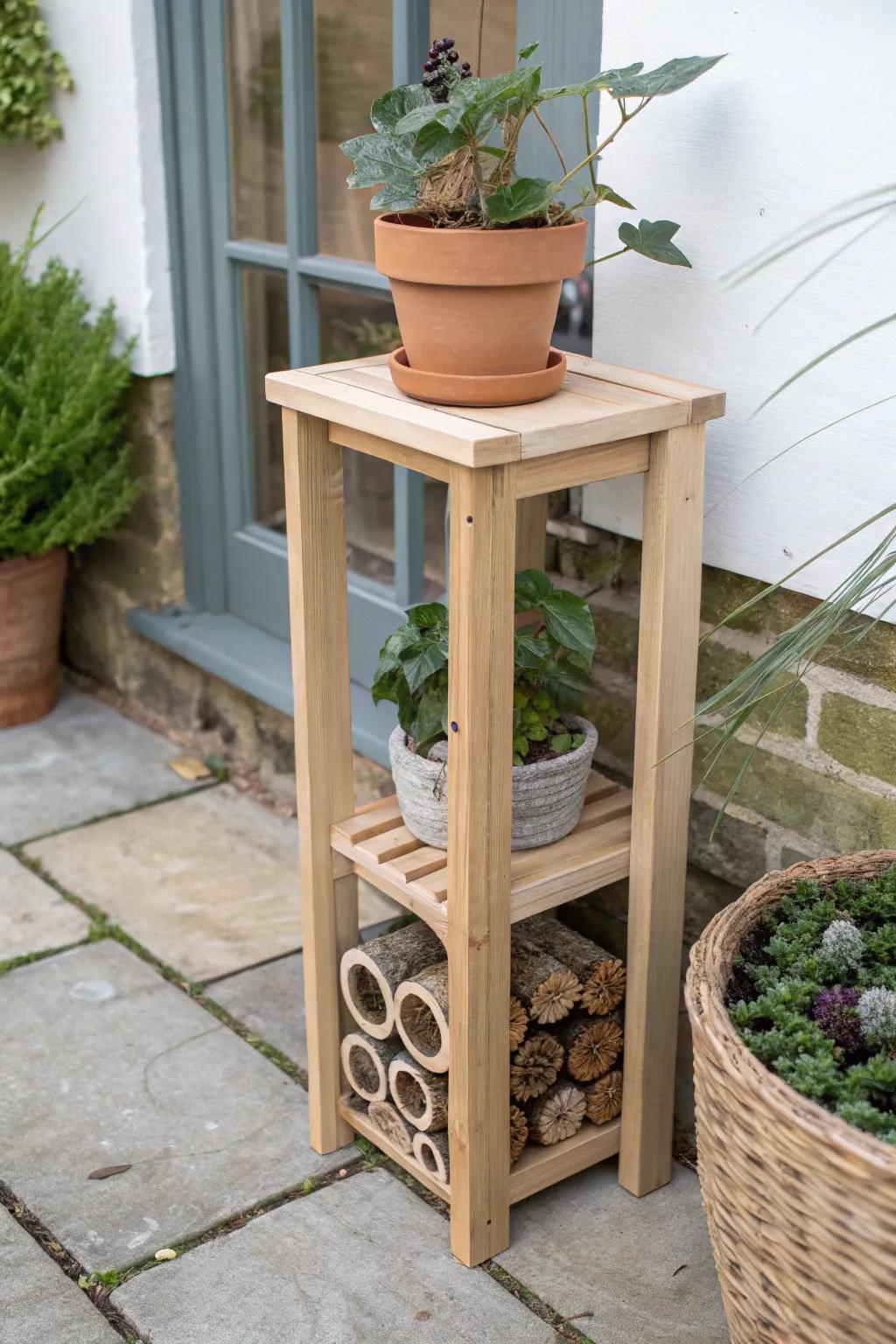 A chic bug-hotel plant stand: minimalist woodwork up top, pollinator haven below.