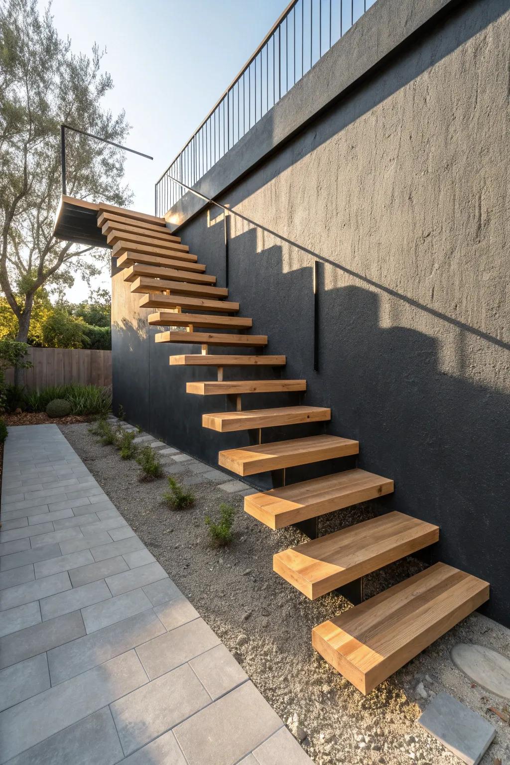 A modern outdoor wow-factor: floating wood treads with hidden support and bold shadow lines.