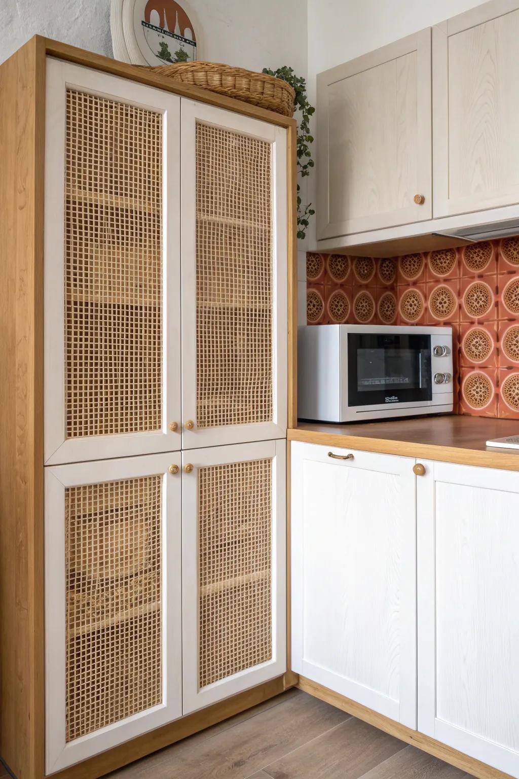 Cane-panel side uppers add airy texture beside an over-the-range microwave—warm, minimal, wow.