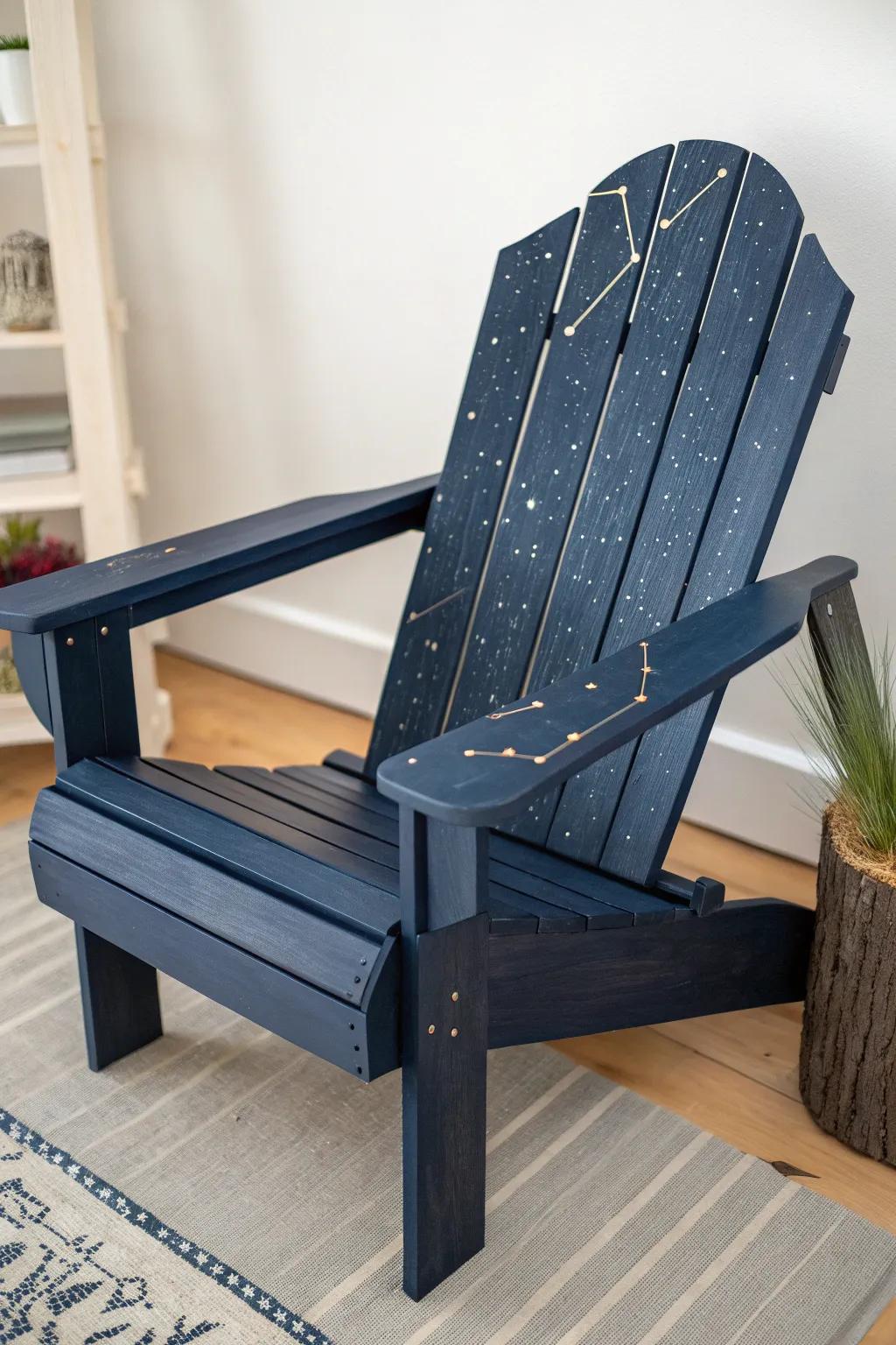 Midnight Adirondack chair with glow-in-the-dark constellations—pure backyard stargazing magic.