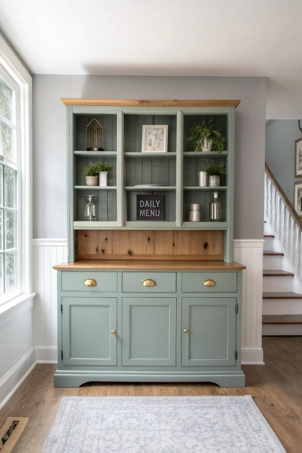 Chalkboard back panel turns a painted hutch into a stylish spot for daily notes and menus.