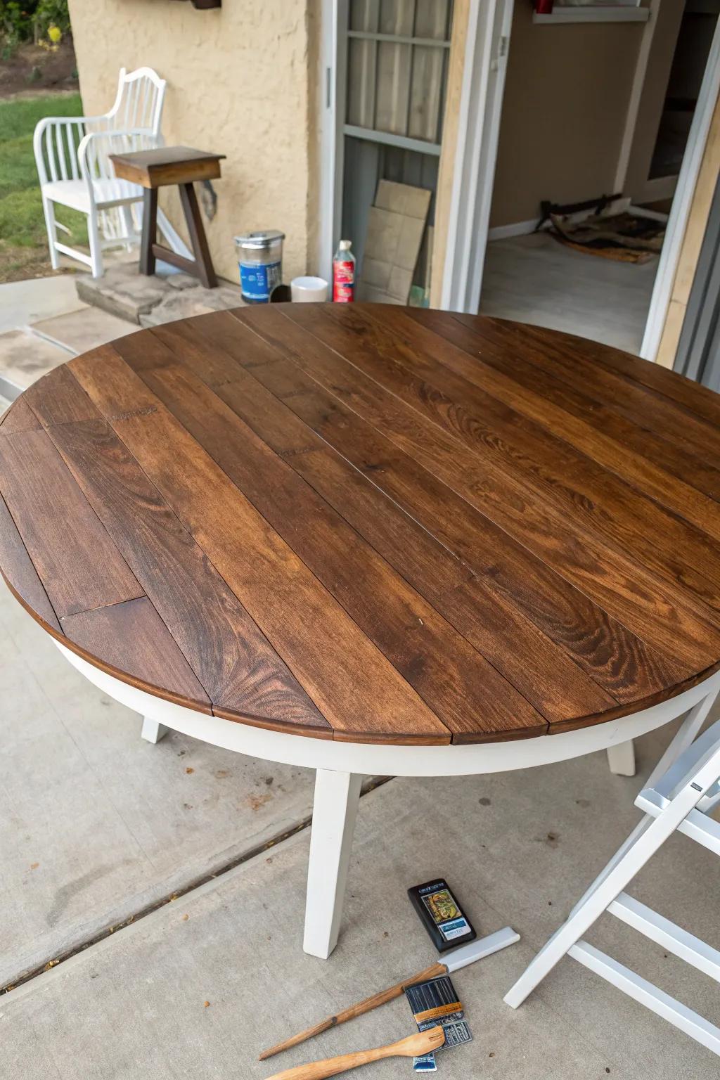 Patchy tabletop makeover: faux wood grain paint for one seamless, luxe-looking dining surface.