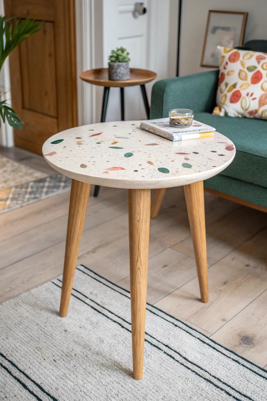 Faux terrazzo confetti tabletop—bold, modern paint idea that hides everyday dings beautifully.