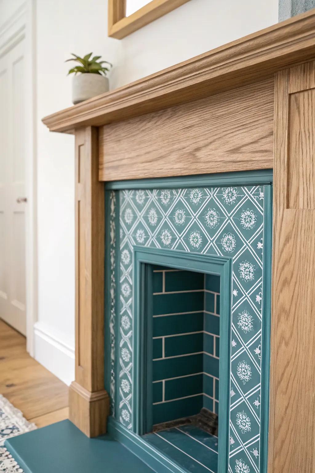 Tone-on-tone stencil adds “tile vibes” to a plain surround—custom, calm, and crafted.