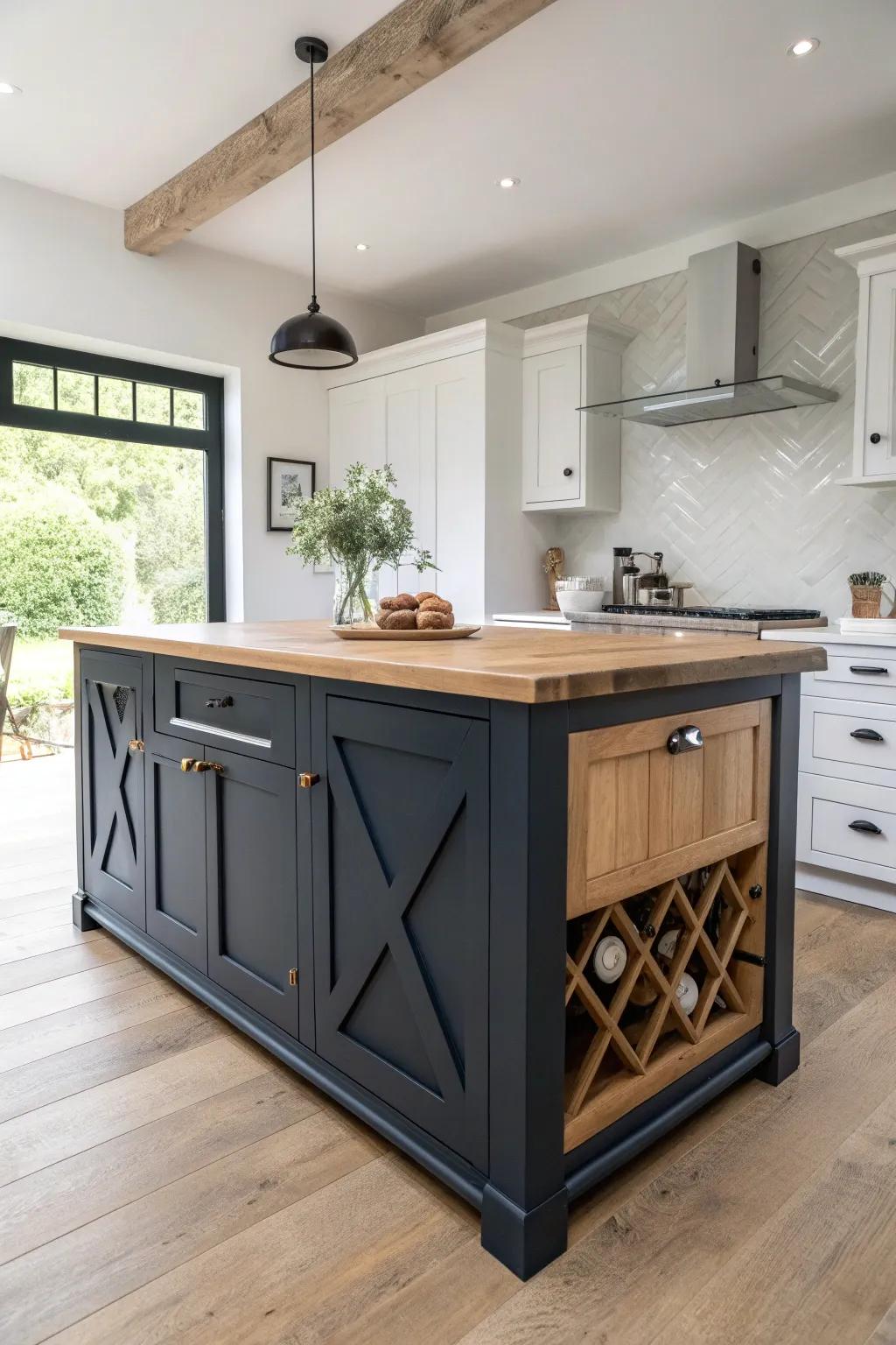 Dark-painted island with X-braced ends—farmhouse flair with sleek Scandinavian contrast.