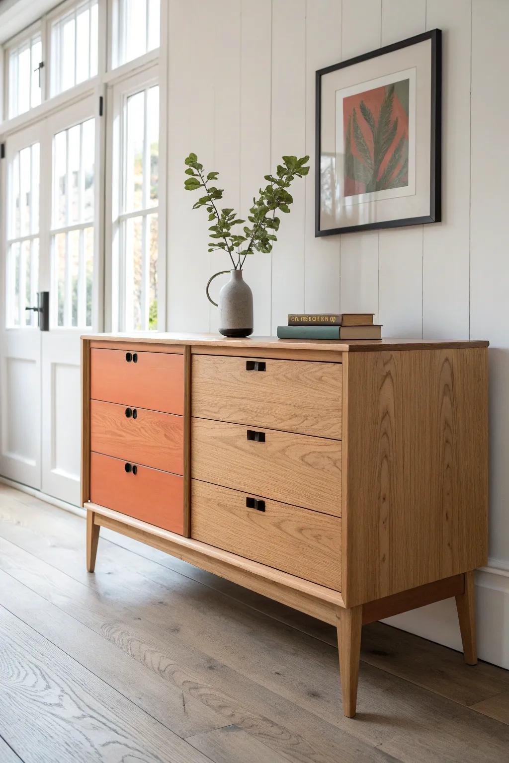 Half-painted sideboard: bold color meets raw wood grain for an intentional, crafted look.