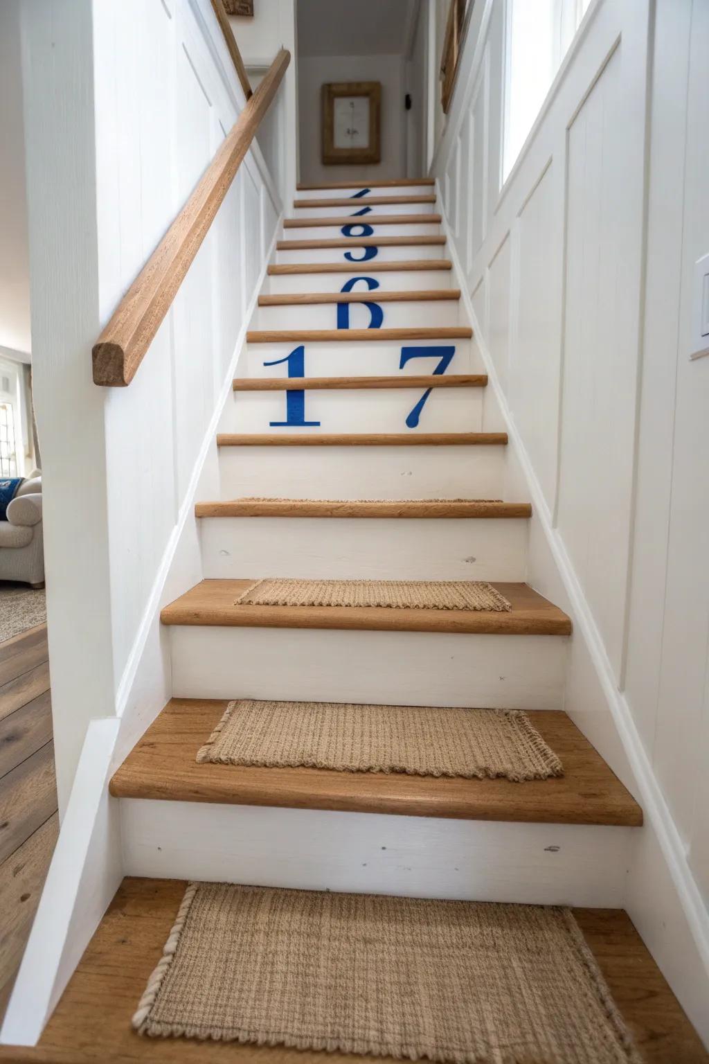 Vintage indigo numbers on crisp white risers—playful charm with clean Scandinavian contrast.