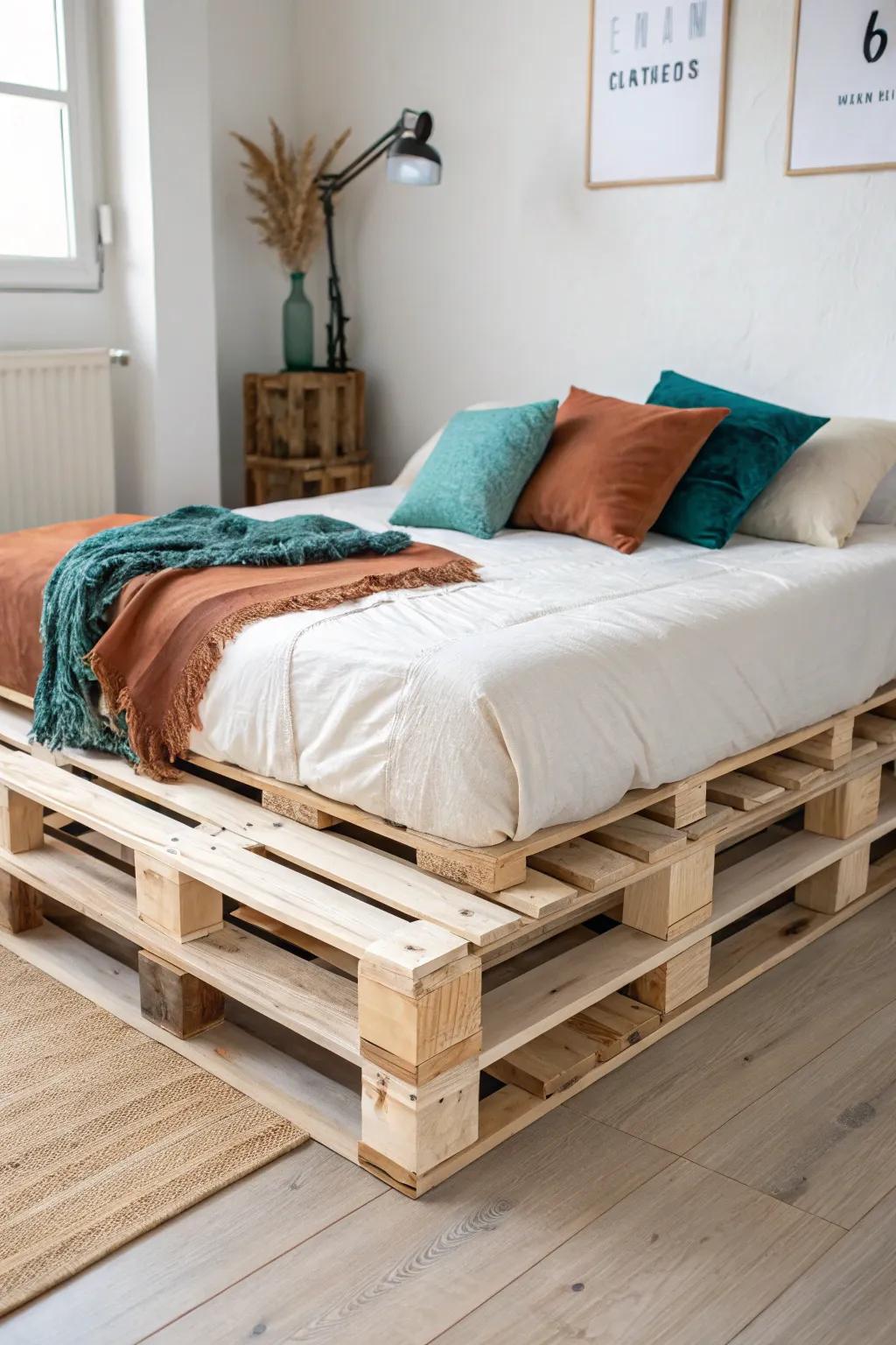 Modular pallet bed sections bolted together—easy to reconfigure, minimal, and beautifully bold.