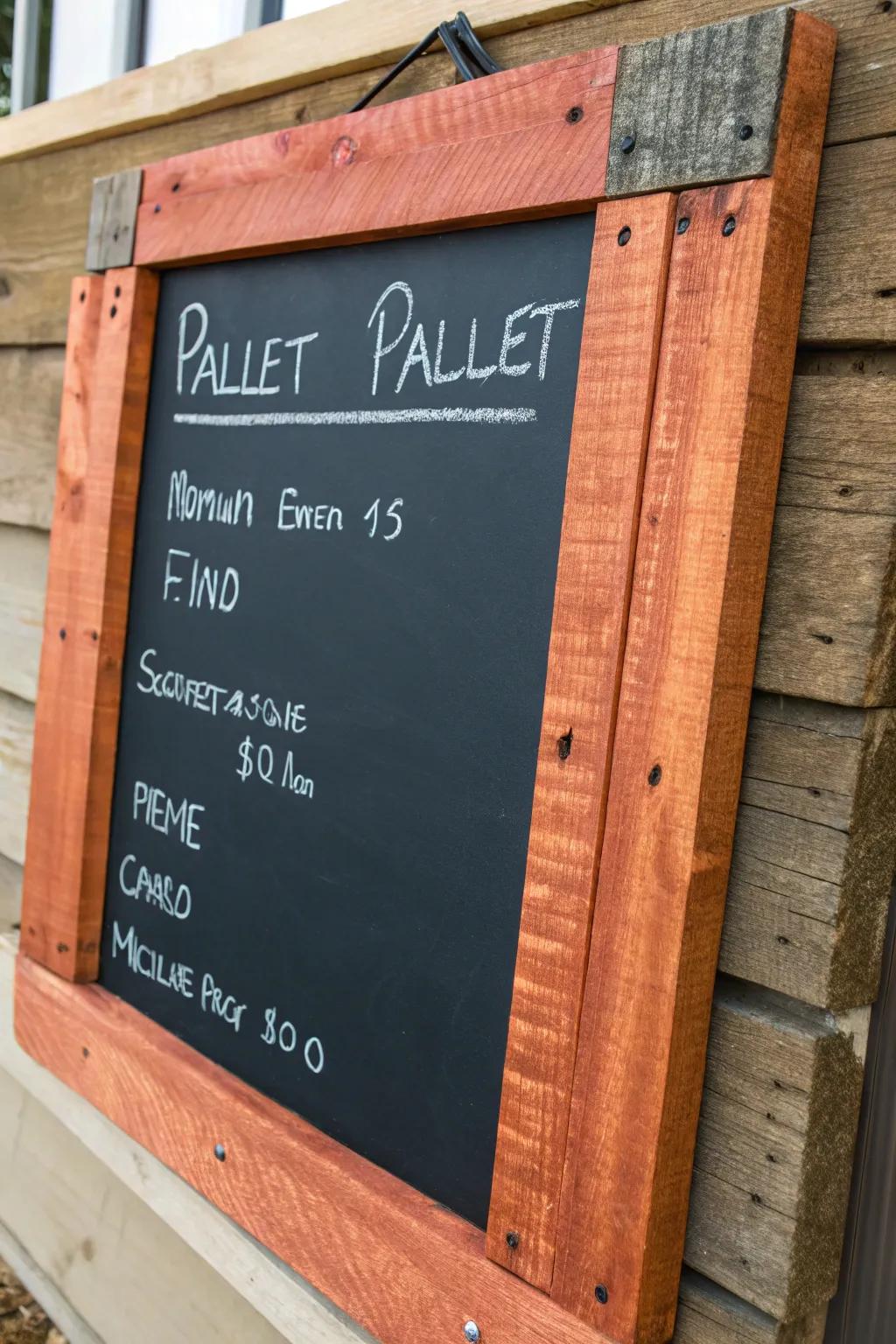 Pallet art with a chalkboard center—terracotta frame adds contrast for a clean, finished look.