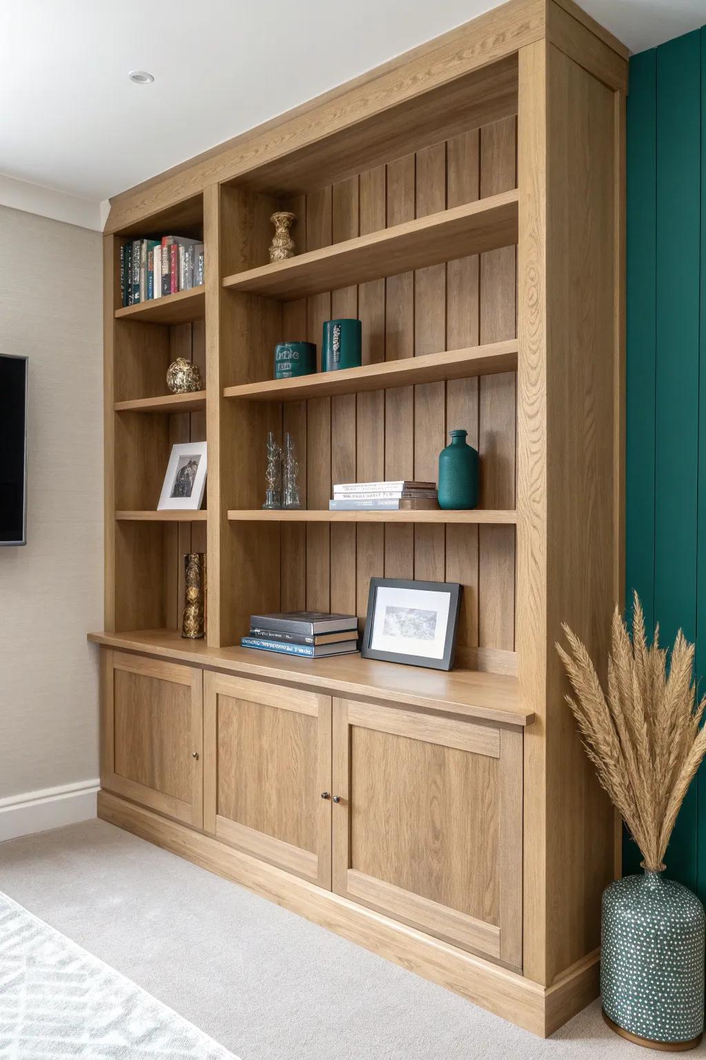 Paneling that frames built-ins for a seamless, custom basement wall with bold contrast.