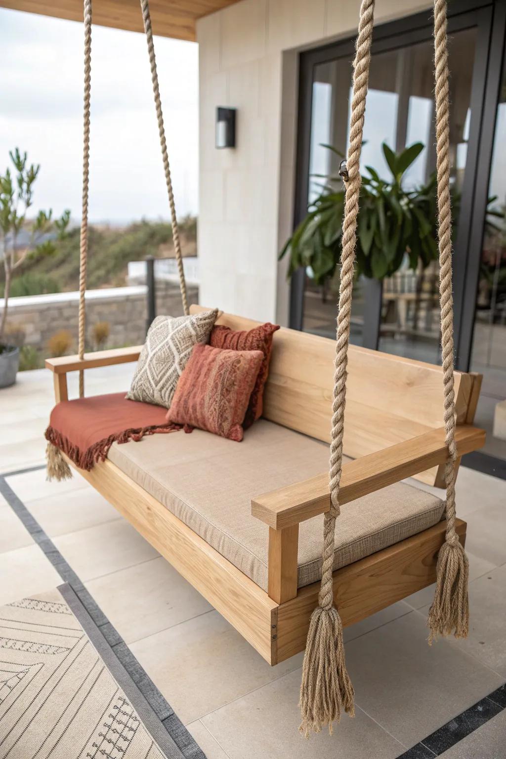 A floating swing bench retreat—minimal oak craft, bold terracotta cushion, party-ready wow.