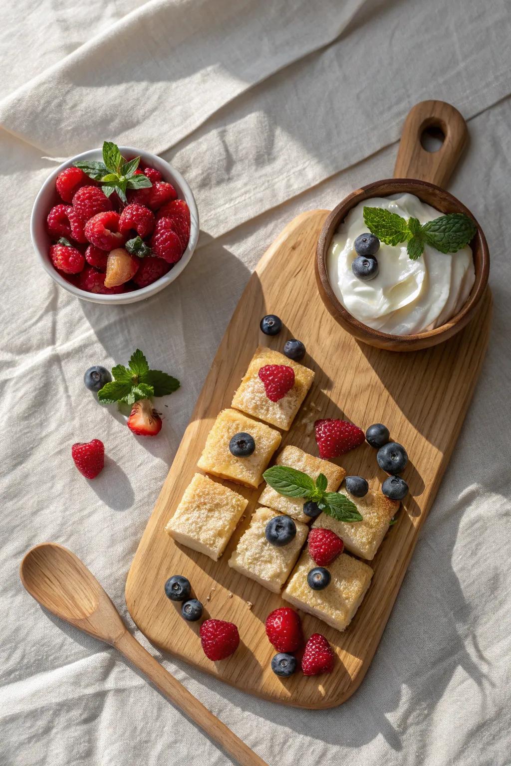 A handcrafted pastry board piled with berries, biscuit bites, and whipped cream—summer shortcake made easy.