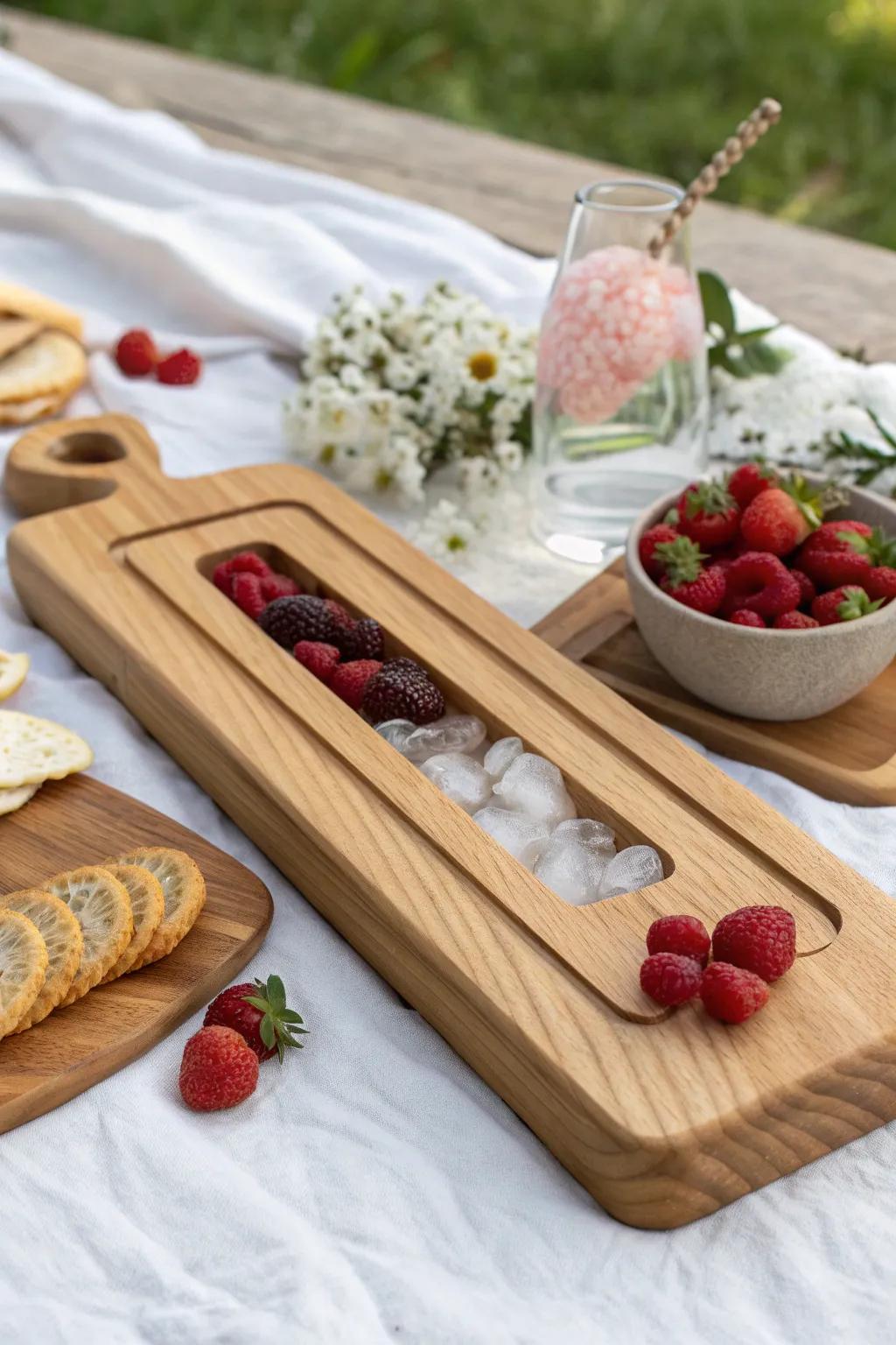 Chilled “moat” board keeps picnic cheeses cool—no soggy food, just sleek summer style.