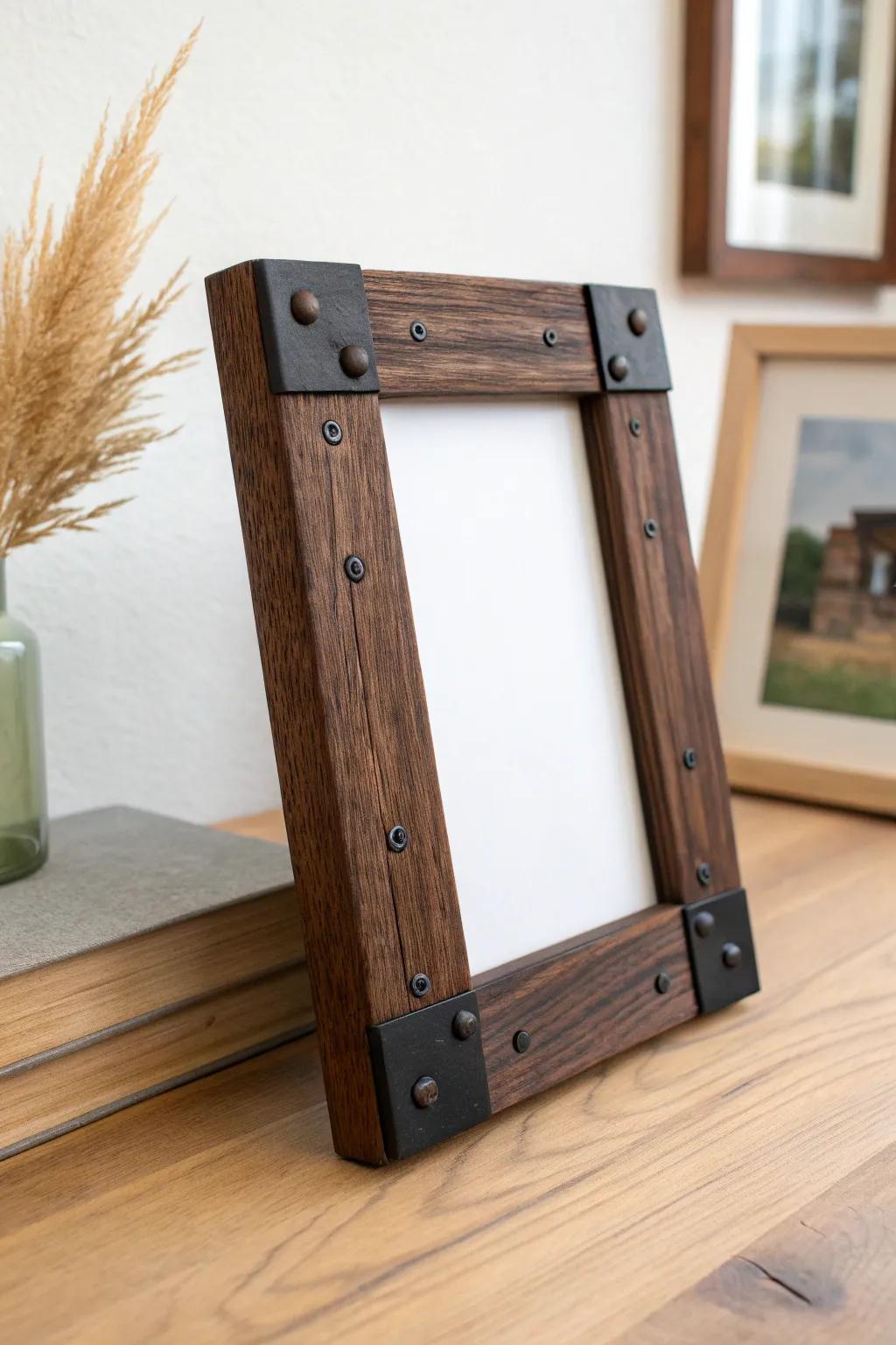 Dark walnut frame with matte black corner brackets—rustic barn hardware meets modern minimal.