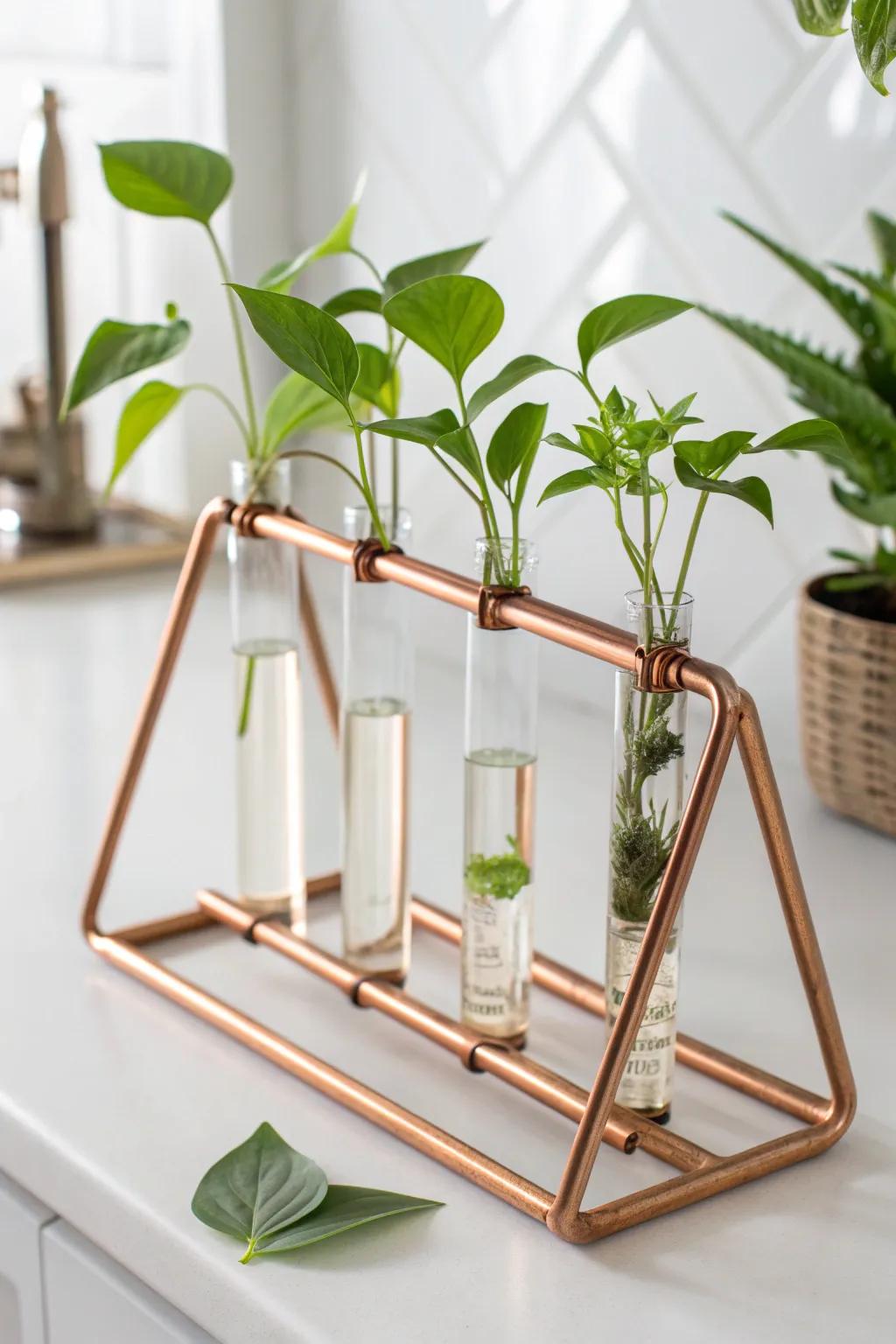Elevate your plant game with this chic copper pipe propagation station. Simplicity meets modern elegance.