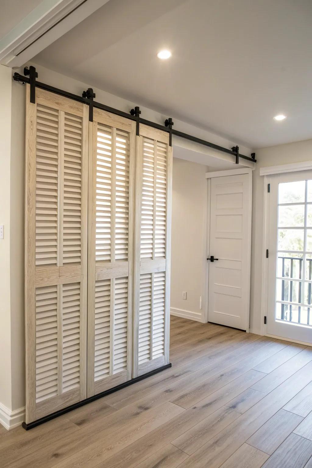 Salvaged plantation shutters glide into place, casting striped light for a dreamy room divide.