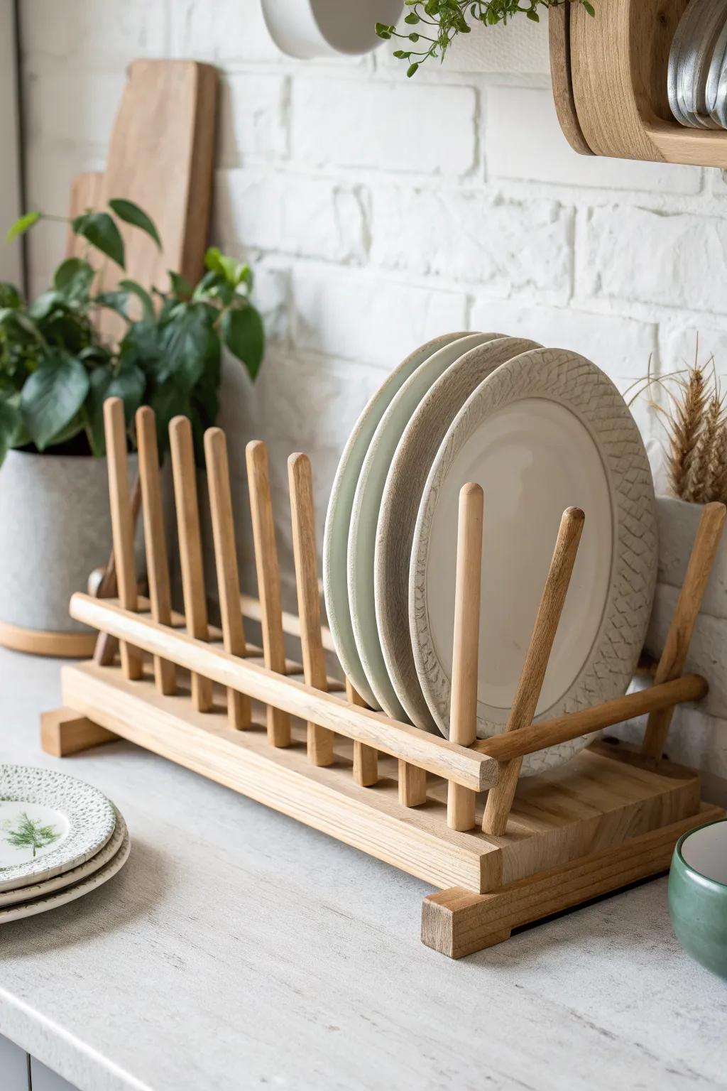 Adjustable dowel plate rack in light oak—easy spacing for salad plates, dinners, and platters.