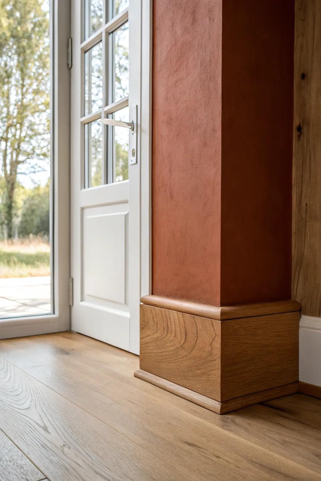 Walnut-inlaid oak plinth block: a tiny strip of contrast that makes your trim feel custom.